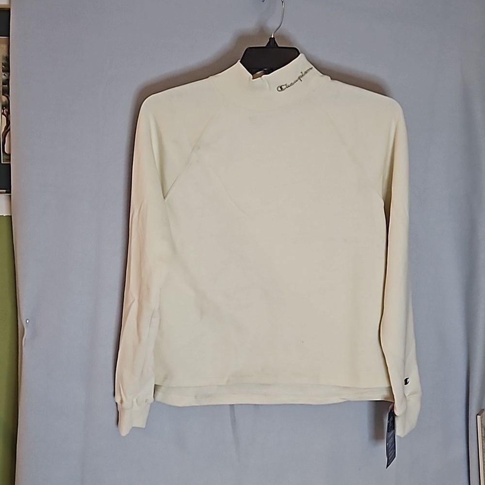Champion Women's Powerblend Mock Neck Pullover Med Cream with Tan accent NWT